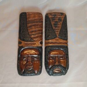Pair Of Tribal Carved Wooden Art Face Wall Hanging Home Decor